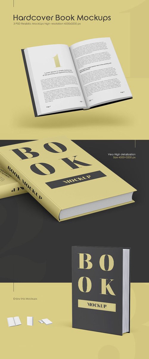 3 Realistic Hardcover Book PSD Mockups