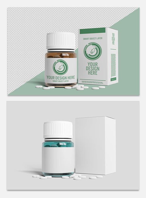 Pill Bottle and Box Packaging Mockup