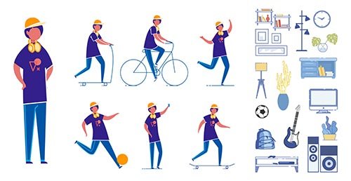 Adolescent boy, kid cartoon character set