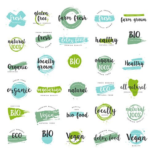 Organic food, farm fresh and natural product labels set