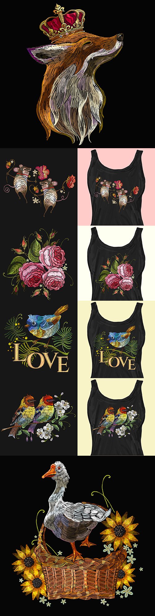Decorative embroidery with flowers for design on clothing