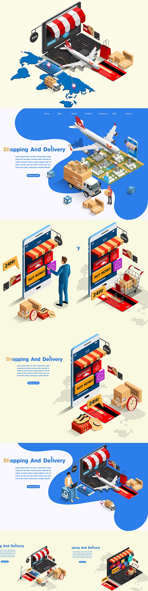 Shopping and shipping online isometric illustration