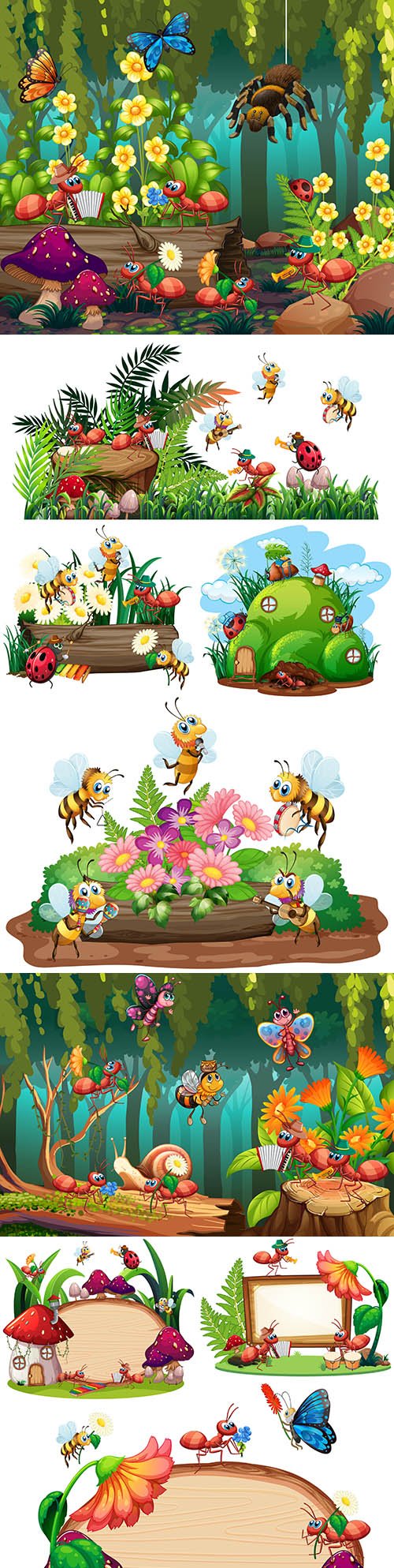 Fabulous forest landscape with cartoon insects and animals