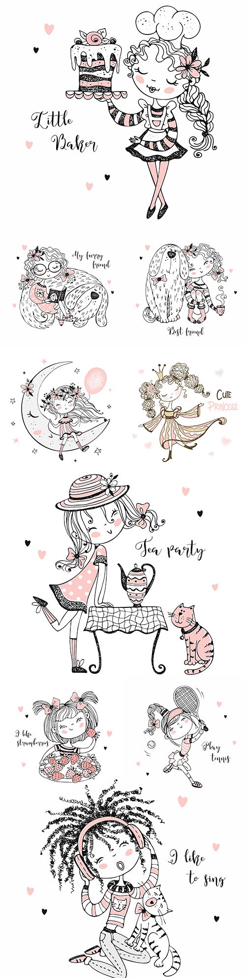 Cute girl with balloon and animals drawn illustrations