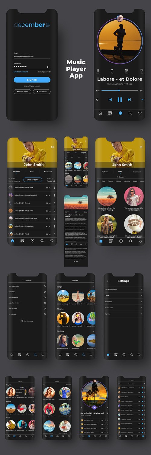 UI Layout Kit Mobile Music Service and Player Application