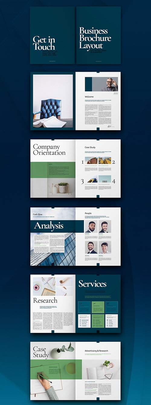 Blue Brochure Layout with Green Overlay Elements