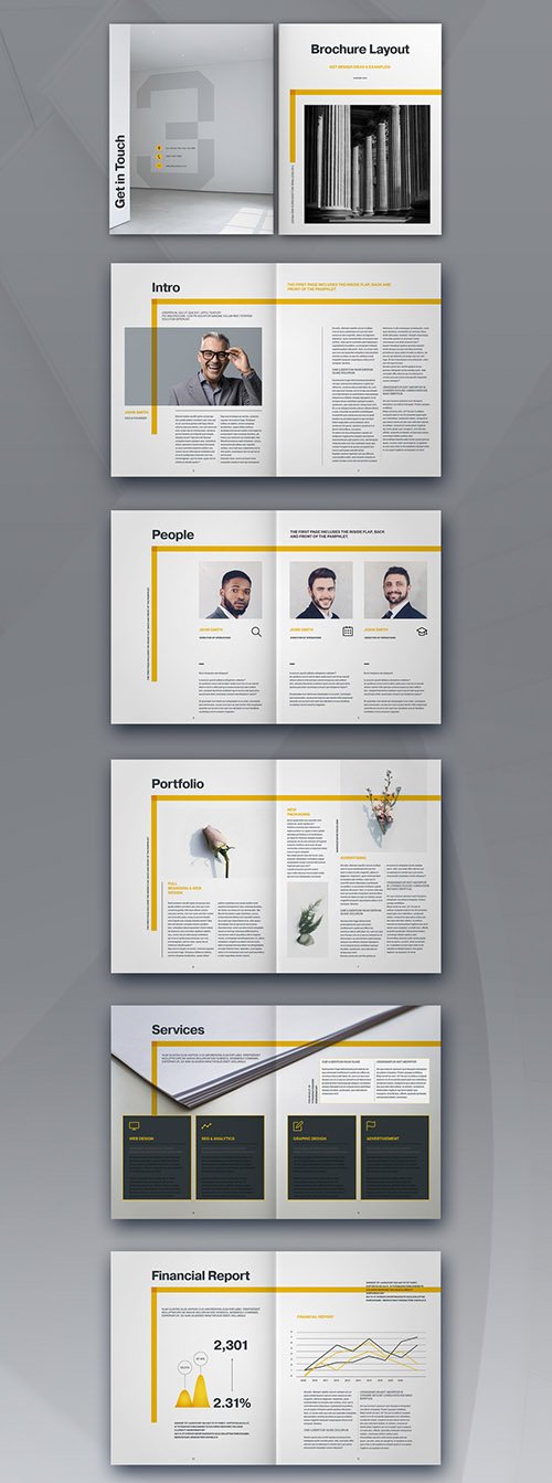 Brochure Layout with Yellow Overlay Elements