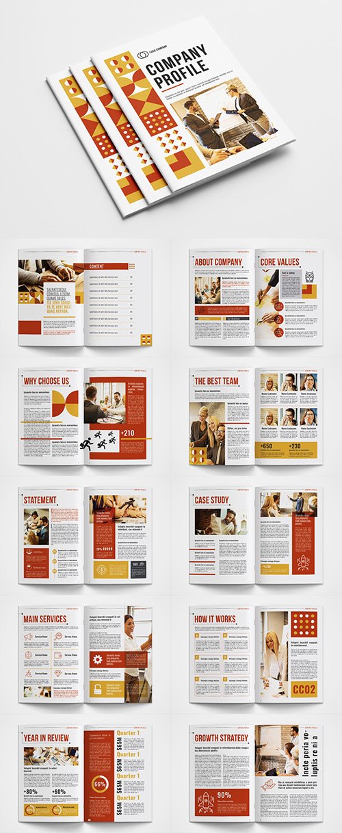 Company Profile Layout with Red and Yellow Accents