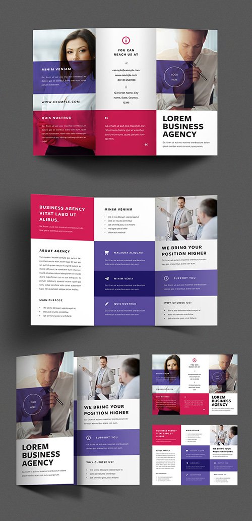 Business Trifold Brochure Layout with Red and Purple Overlays