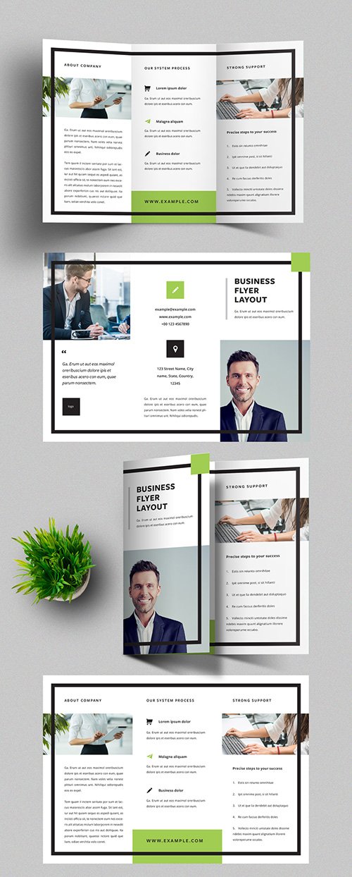 Trifold Brochure Layout with Black Frame and Green Accent