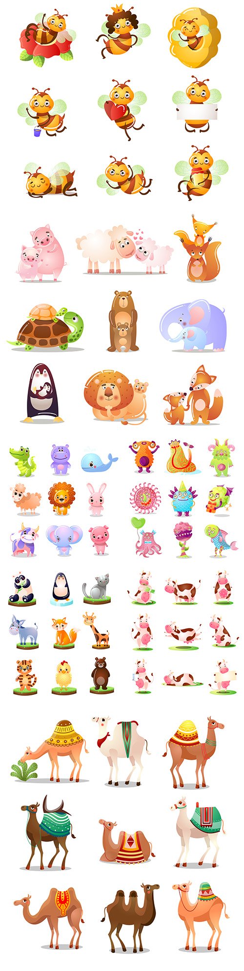Set of cartoon funny cute animals illustrations