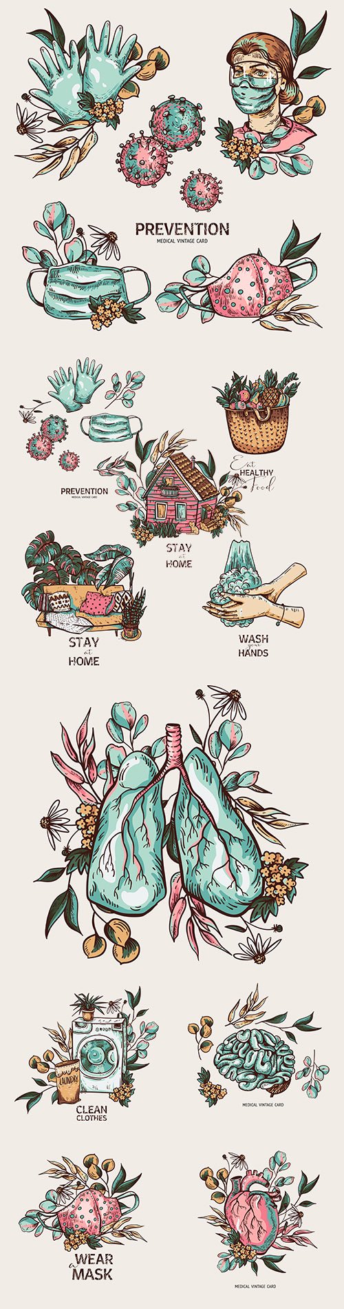 Ancient medical equipment and protective mask bohemian illustration