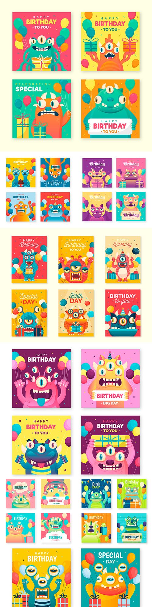 Birthday card for illustrations with funny monsters