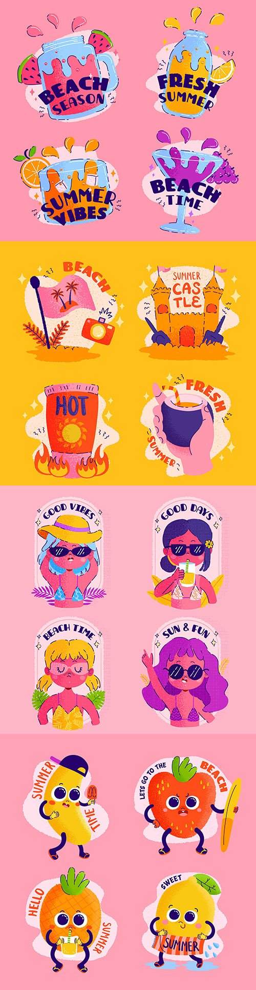 Summer fun fruit and drinks painted labels for design
