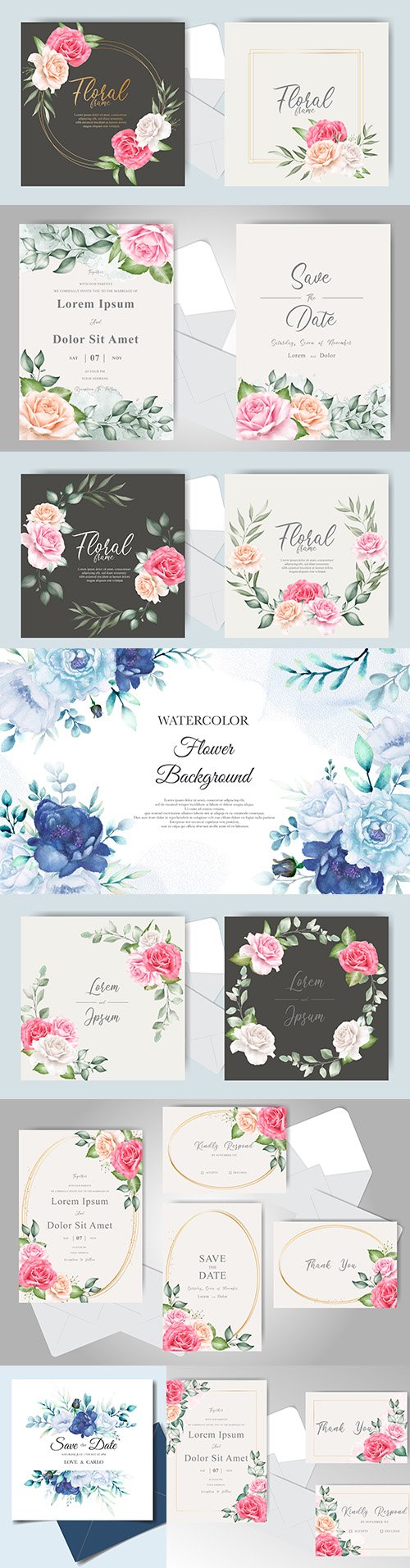 Beautiful wedding invitation card with watercolor flowers and leaves