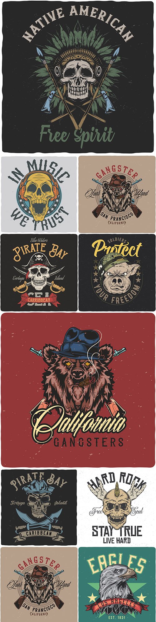 Gangster bear and vintage skull design emblems and illustrations