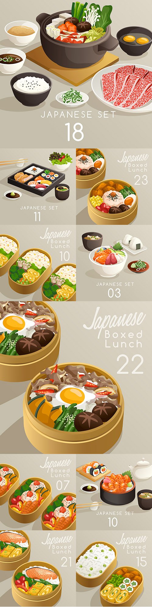 Japanese cuisine and foods in packaging set illustration