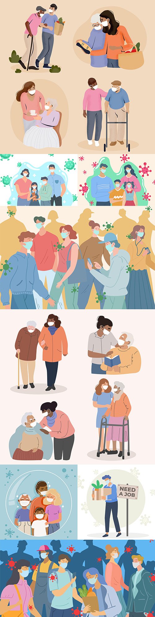 People in medical masks and volunteers help pack things