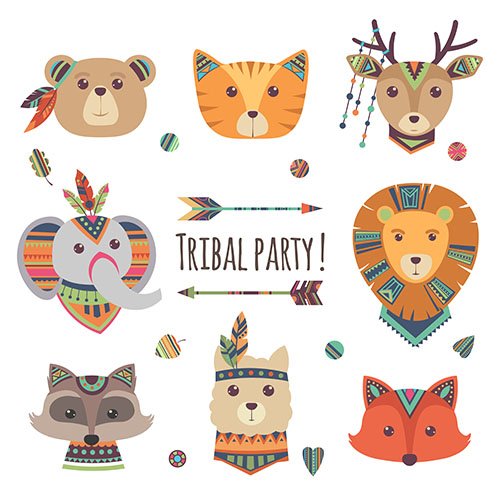 Cartoon tribal animal heads isolated on white Vector background
