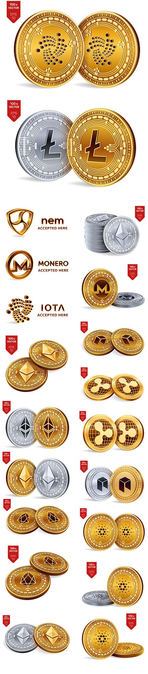 Cryptocurrency Golden and Silver Coins Vector Background