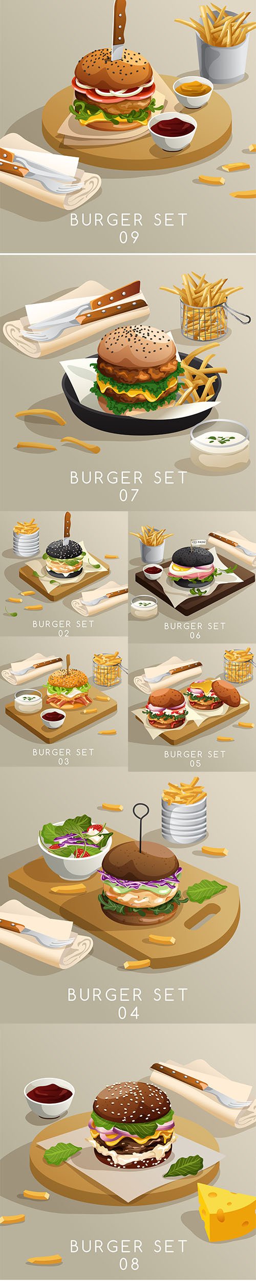 Lunch Set of Burgers French Fries Vector Illustration