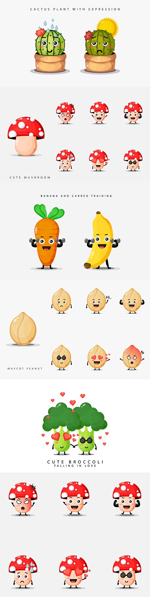 Fruit and cactus plants with cute expressions and emotions