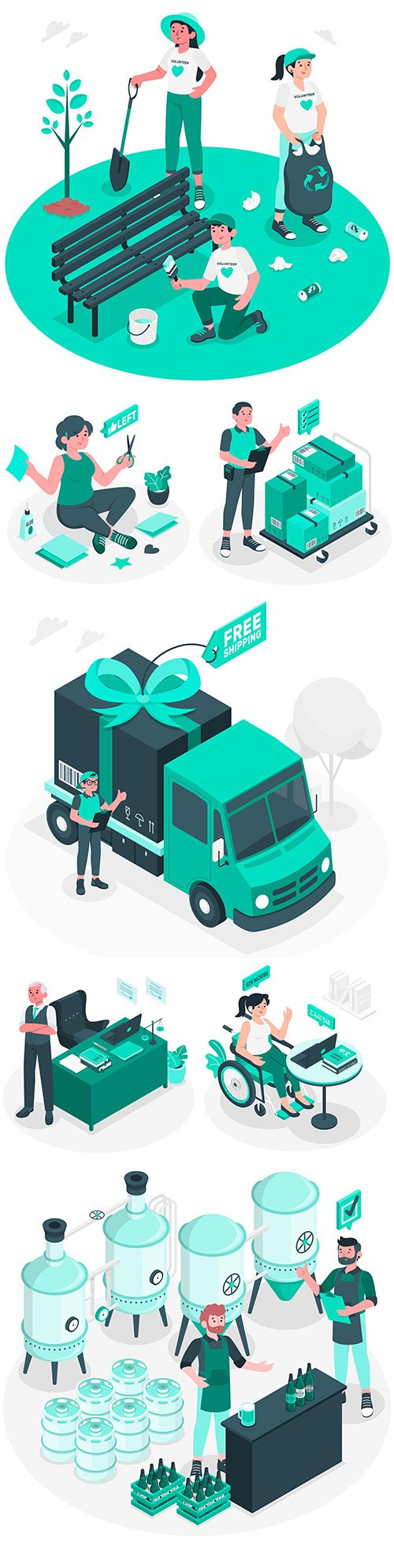 People and different production isometric illustrations