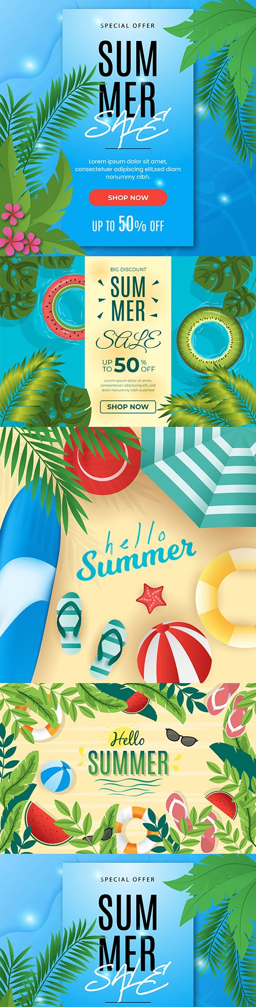 Summer design sale with lifeline and tropical leaves