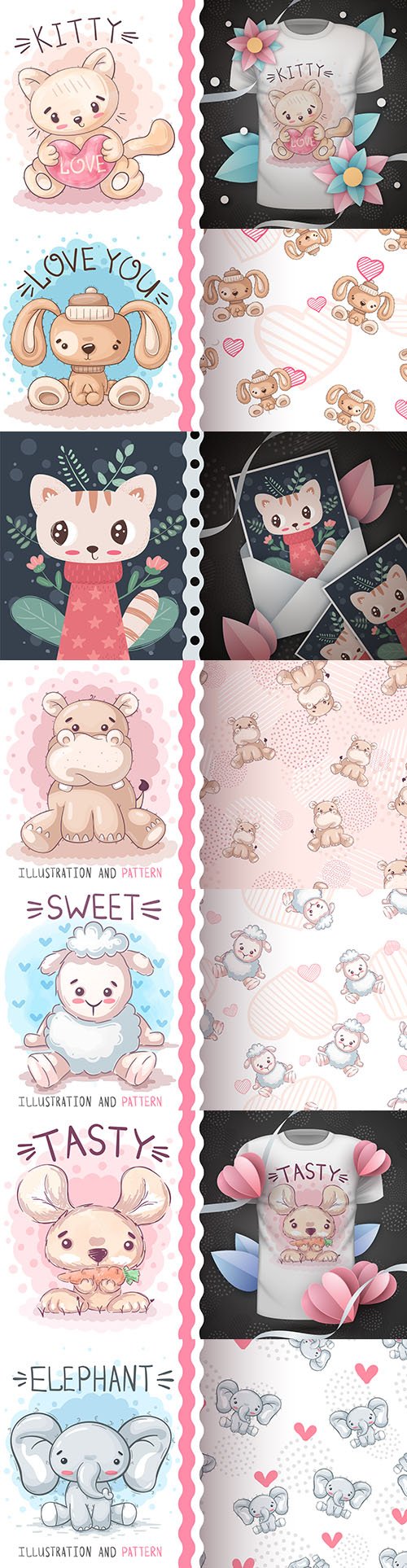Cute cartoon animals and seamless background 20