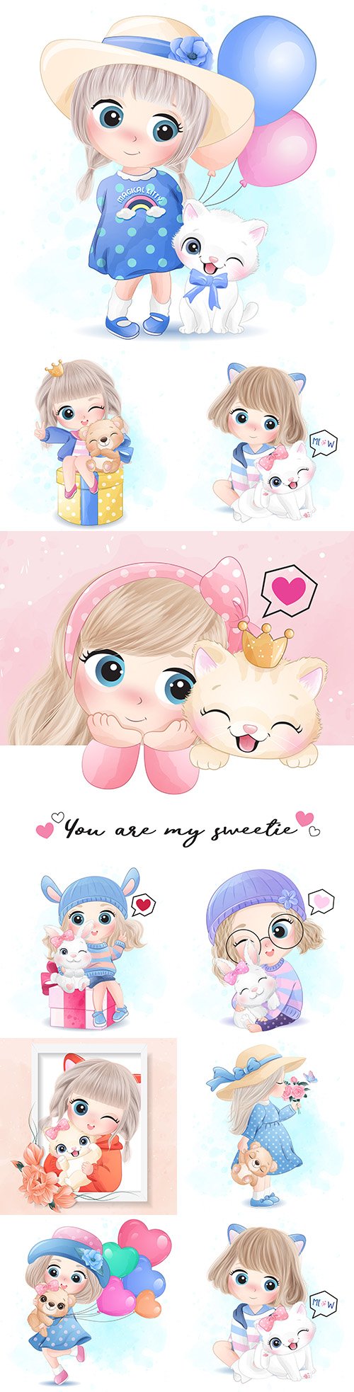 Little sweet girl with animals and flowers illustrations