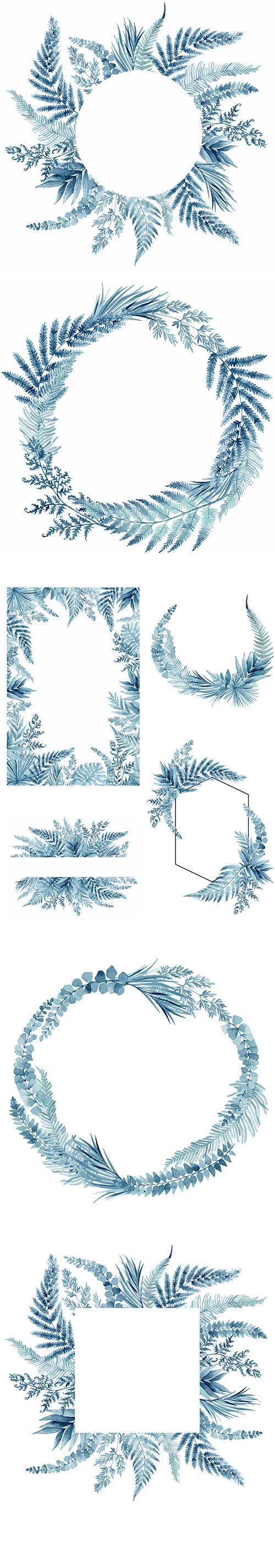Blue Fern Leaves Tropical Frame Vector
