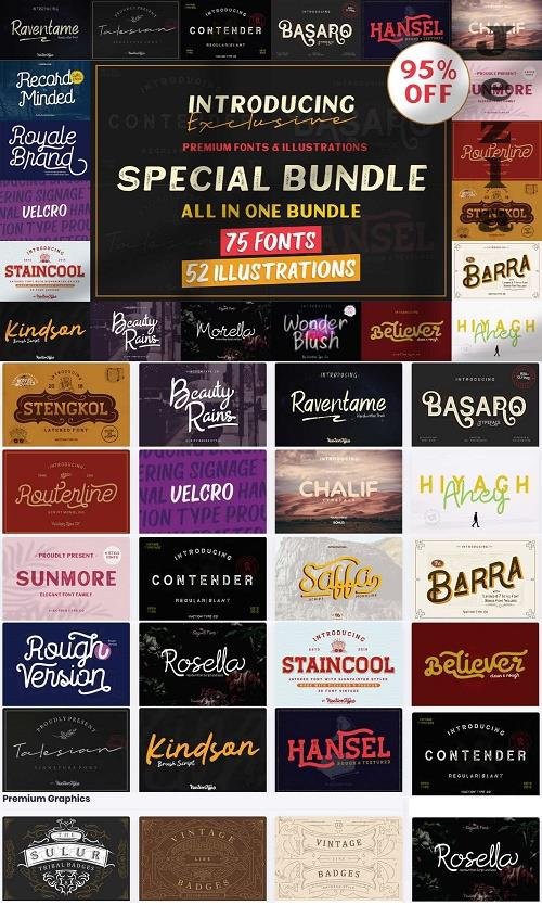 Special Bundle - All in One Bundle - 75 Fonts - 52 Illustrations