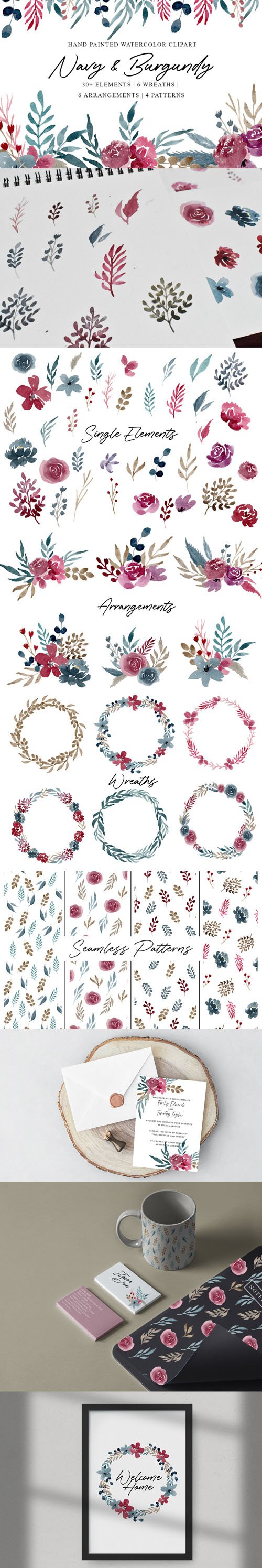 Navy & Burgundy - Hand Painted Watercolor Clipart PNG