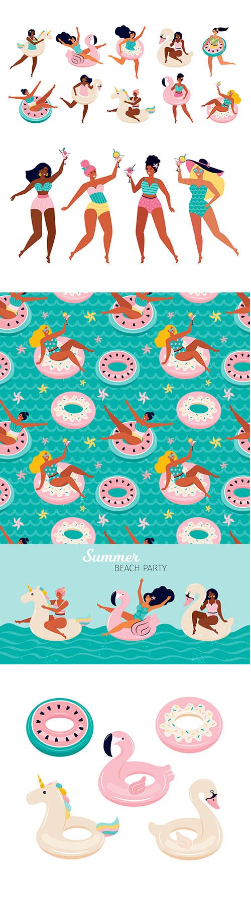 Set of Swimming Toys and Beach Party Happy Women