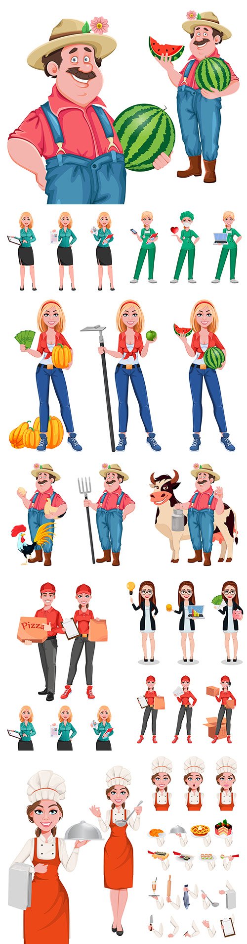 Business woman and man cartoon character of different professions