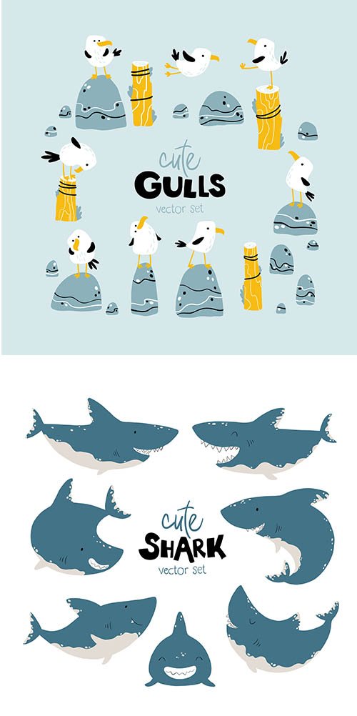 Cute Shark and Gulls Vector Set