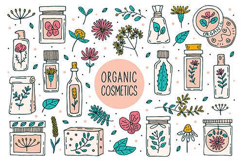 Natural Organic Cosmetics with Plants Doodle Clipart
