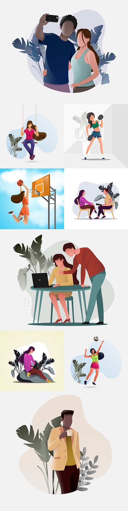 Healthy lifestyle and self-insulation people in flat design
