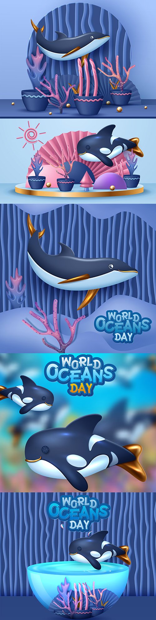 World ocean day with marine dwellers cartoon 3d illustrations