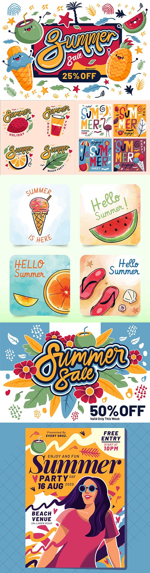 Colorful summer sale and flat design emblems