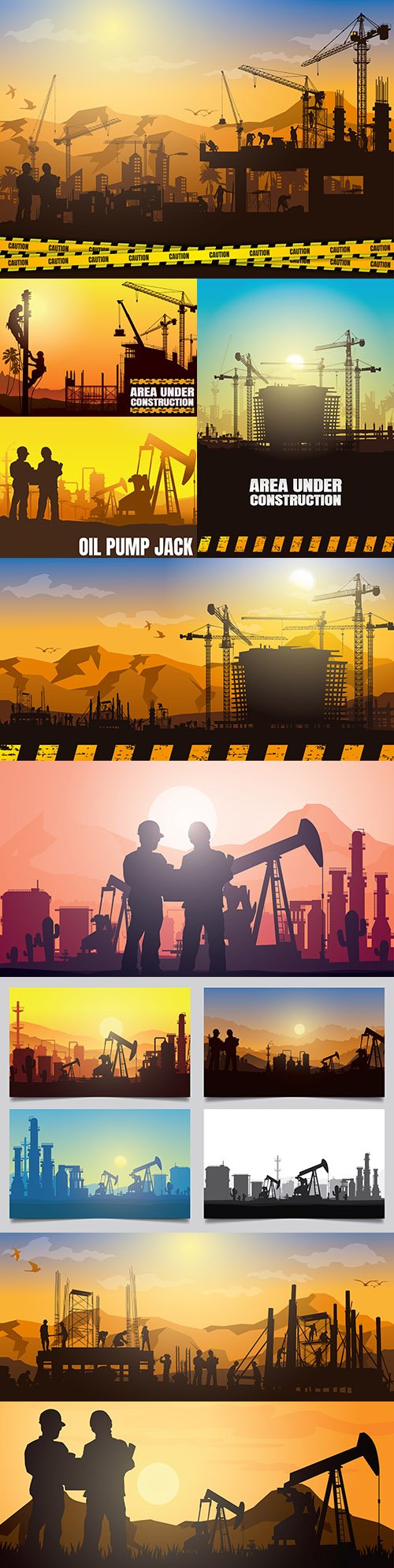 Oil rig and industry silhouettes background illustration