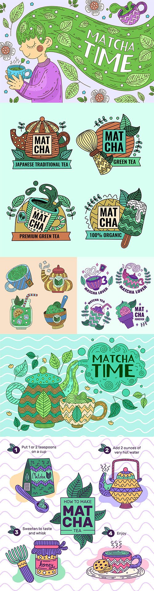 Delicious desserts and green tea match illustration