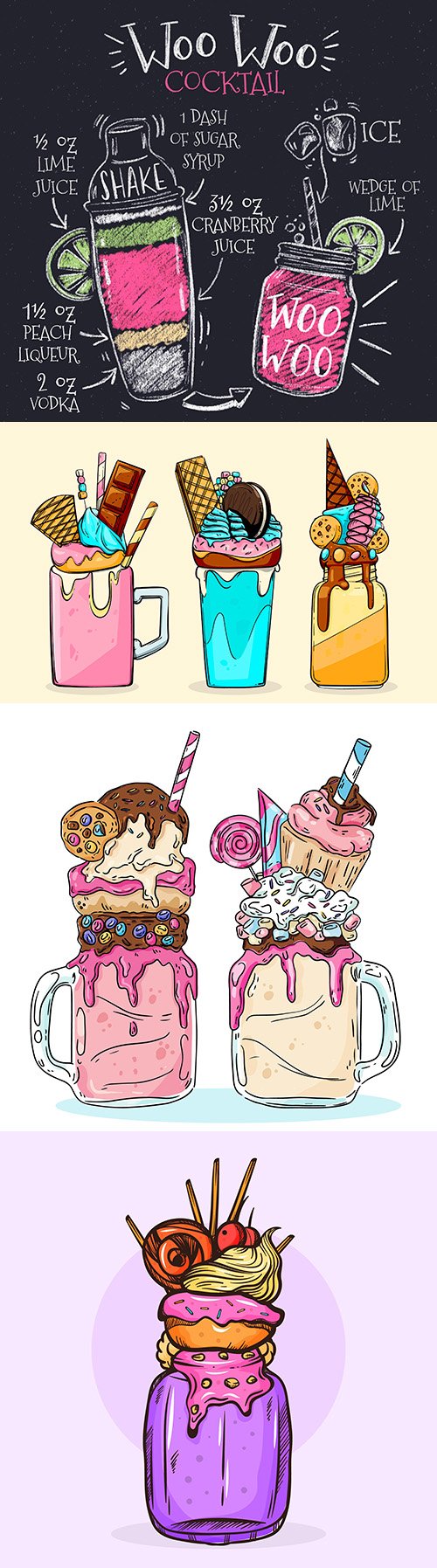 Classic cocktail recipe and monster shakes illustrations
