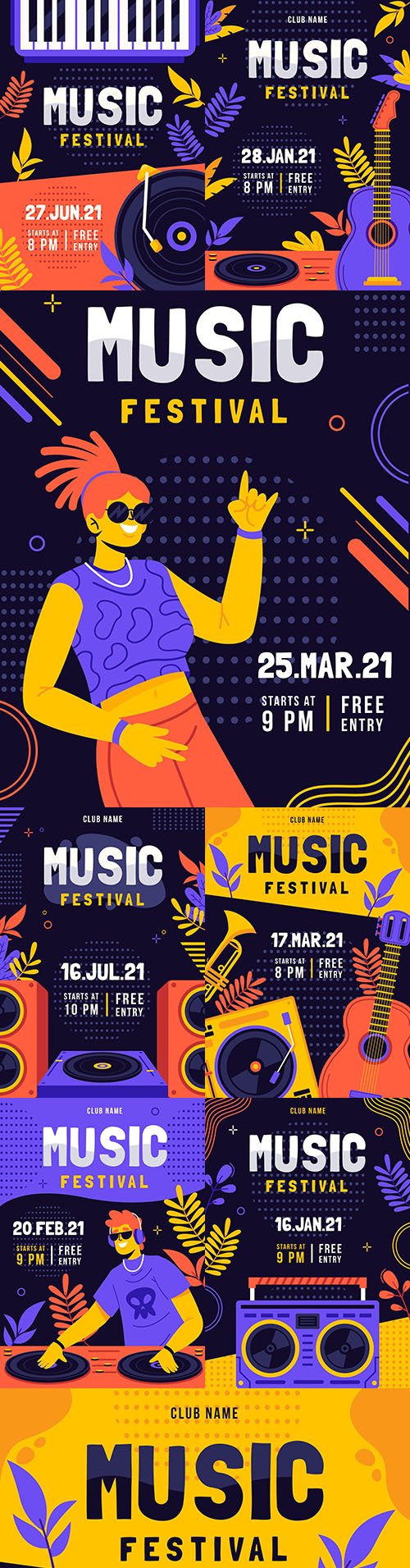 Music festival illustrated bright poster template