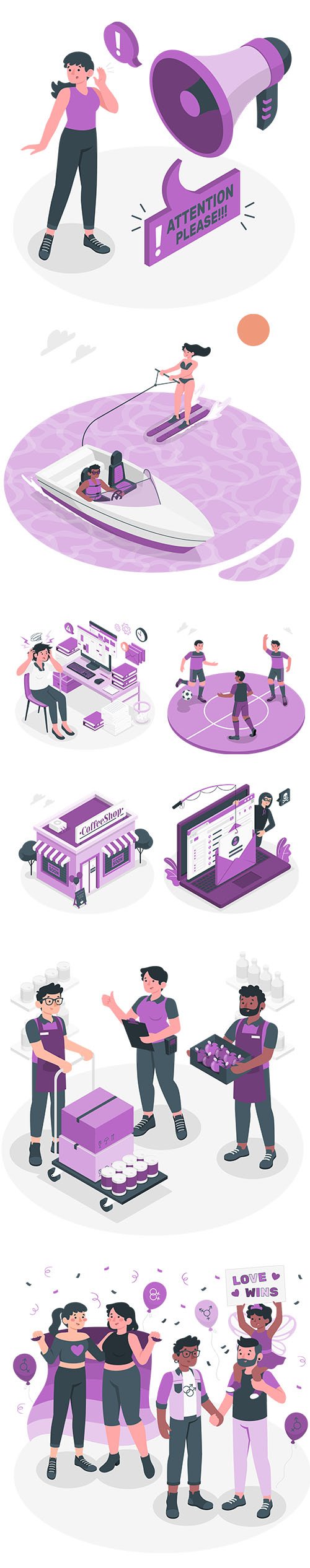 People Live Situations Set Purple Vector Collection Vol 4