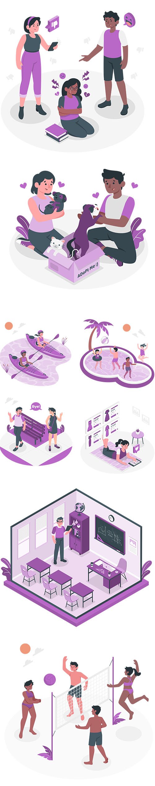 People Live Situations Set Purple Vector Collection Vol 3
