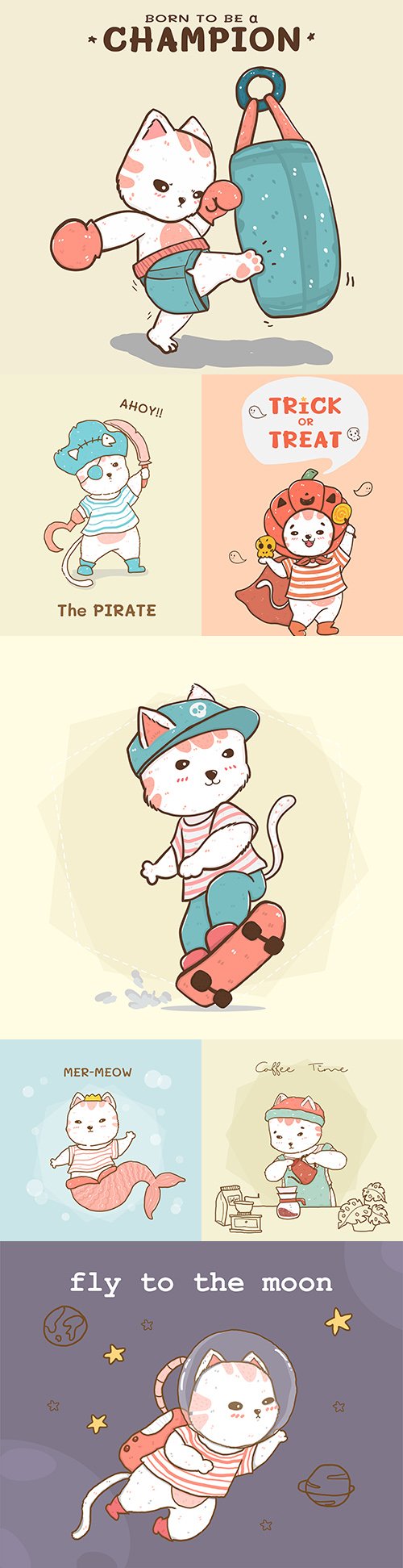 Cute cartoon cat with sports accessories flat design