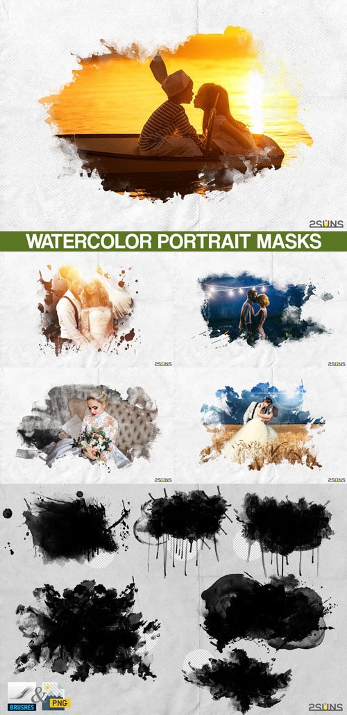 20 Watercolor Portrait Paint Masks, Photo Framse, Photoshop Overlays