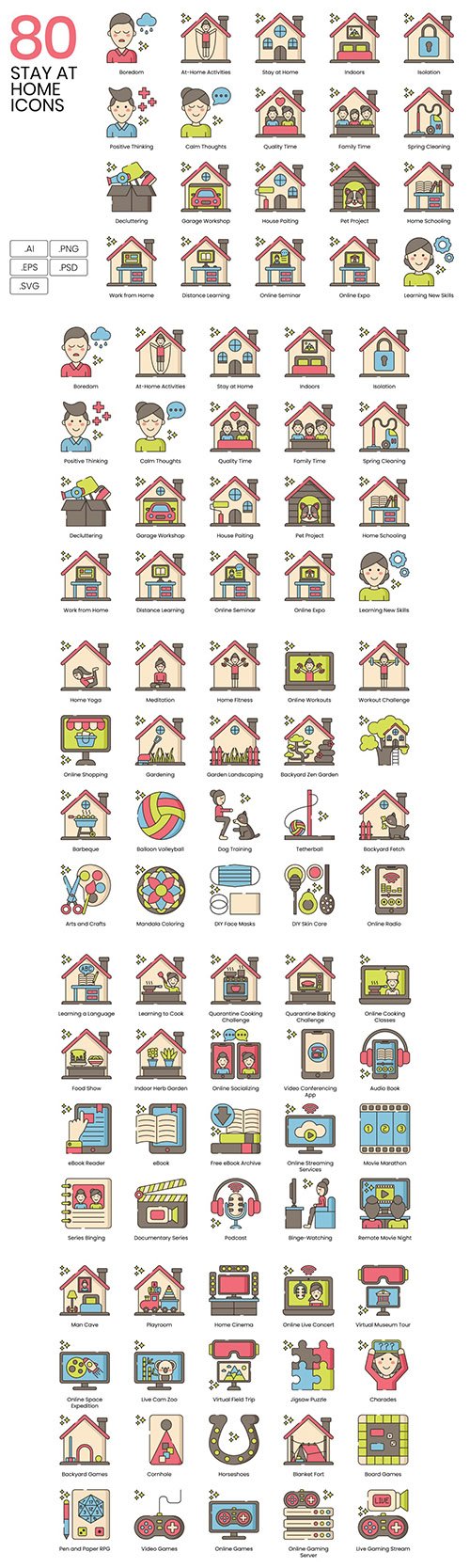 80 Stay at Home Line Icons