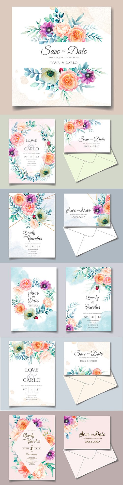 Wedding invitation template watercolor flower and green leaves 5